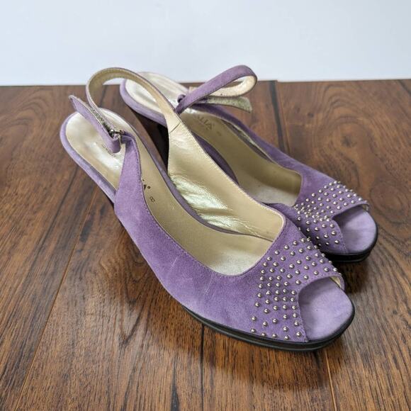 Aquatalia Purple Suede Studded Peep Toe 8 - Picture 2 of 6